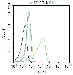 SH-SY5Y cells were fixed with 4% PFA for 10min at room temperature,permeabilized with 90% ice-cold methanol for 20 min at -20℃, and incubated in 5% BSA blocking buffer for 30 min at room temperature. Cells were then stained with beta 3 Tubulin Polyclonal Antibody(bs-4512R)at 1:100 dilution in blocking buffer and incubated for 30 min at room temperature, washed twice with 2%BSA in PBS, followed by secondary antibody incubation for 40 min at room temperature. Acquisitions of 20,000 events were performed. Cells stained with primary antibody (green), and isotype control (orange).