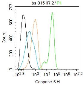 K562 cells were fixed with 4% PFA for 10min at room temperature,permeabilized with 90% ice-cold methanol for 20 min at -20\u2103, and incubated in 5% BSA blocking buffer for 30 min at room temperature. Cells were then stained with Caspase-6 Polyclonal Antibody(bs-0151R)at 1:50 dilution in blocking buffer and incubated for 30 min at room temperature, washed twice with 2%BSA in PBS, followed by secondary antibody incubation for 40 min at room temperature. Acquisitions of 20,000 events were performed. Cells stained with primary antibody (green), and isotype control (orange).
