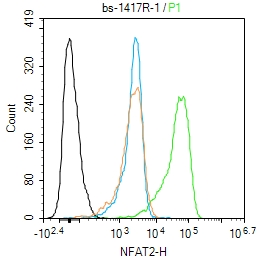 Jurkat cells were fixed with 4% PFA for 10min at room temperature,permeabilized with 90% ice-cold methanol for 20 min at -20\u2103, and incubated in 5% BSA blocking buffer for 30 min at room temperature. Cells were then stained with NFAT2 Polyclonal Antibody(bs-1417R)at 1:100 dilution in blocking buffer and incubated for 30 min at room temperature, washed twice with 2%BSA in PBS, followed by secondary antibody incubation for 40 min at room temperature. Acquisitions of 20,000 events were performed. Cells stained with primary antibody (green), and isotype control (orange).