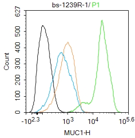 Hela cells were fixed with 4% PFA for 10min at room temperature,permeabilized with 90% ice-cold methanol for 20 min at -20℃, and incubated in 5% BSA blocking buffer for 30 min at room temperature. Cells were then stained with Mucin 1 Polyclonal Antibody(bs-1239R)at 1:100 dilution in blocking buffer and incubated for 30 min at room temperature, washed twice with 2%BSA in PBS, followed by secondary antibody incubation for 40 min at room temperature. Acquisitions of 20,000 events were performed. Cells stained with primary antibody (green), and isotype control (orange).