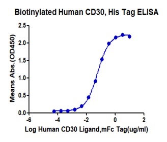 Immobilized Biotinylated Human CD30,His Tag at 0.2\u03bcg\/ml  (100\u03bcl\/Well).Dose response curve for Human CD30 Ligand, mFc(Cat.CD3-HM30L) with the EC50 of 59.9ng\/ml determined by ELISA.
