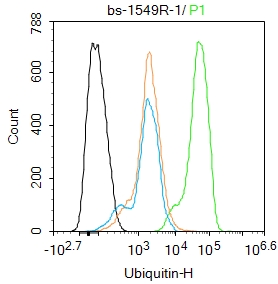 HepG2 cells were\u00a0fixed with 4% PFA for 10min at room temperature,permeabilized with\u00a090% ice-cold methanol for 20 min at -20\u2103,\u00a0and incubated in 5% BSA blocking buffer\u00a0for 30 min at room temperature. Cells were then stained with Ubiquitin Polyclonal Antibody(bs-1549R)at 1:100 dilution\u00a0in blocking buffer and\u00a0incubated for 30 min at\u00a0room temperature,\u00a0washed twice with 2%BSA in PBS,\u00a0followed by\u00a0secondary antibody incubation\u00a0for 40 min\u00a0at\u00a0room temperature. Acquisitions of 20,000 events were performed.\u00a0Cells stained with primary antibody\u00a0(green), and isotype control (orange).