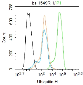 HepG2 cells were fixed with 4% PFA for 10min at room temperature,permeabilized with 90% ice-cold methanol for 20 min at -20℃, and incubated in 5% BSA blocking buffer for 30 min at room temperature. Cells were then stained with Ubiquitin Polyclonal Antibody(bs-1549R)at 1:100 dilution in blocking buffer and incubated for 30 min at room temperature, washed twice with 2%BSA in PBS, followed by secondary antibody incubation for 40 min at room temperature. Acquisitions of 20,000 events were performed. Cells stained with primary antibody (green), and isotype control (orange).