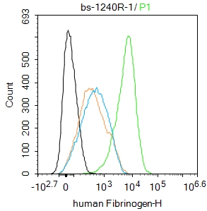 HepG2 cells were fixed with 4% PFA for 10min at room temperature,permeabilized with 90% ice-cold methanol for 20 min at -20\u2103, and incubated in 5% BSA blocking buffer for 30 min at room temperature. Cells were then stained with human Fibrinogen Polyclonal Antibody(bs-1240R)at 1:100 dilution in blocking buffer and incubated for 30 min at room temperature, washed twice with 2%BSA in PBS, followed by secondary antibody incubation for 40 min at room temperature. Acquisitions of 20,000 events were performed. Cells stained with primary antibody (green), and isotype control (orange).