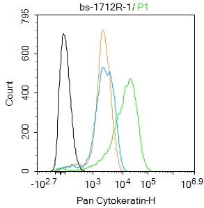 A549 cells were fixed with 4% PFA for 10min at room temperature,permeabilized with 90% ice-cold methanol for 20 min at -20\u2103, and incubated in 5% BSA blocking buffer for 30 min at room temperature. Cells were then stained with Pan Cytokeratin Polyclonal Antibody(bs-1712R)at 1:100 dilution in blocking buffer and incubated for 30 min at room temperature, washed twice with 2%BSA in PBS, followed by secondary antibody incubation for 40 min at room temperature. Acquisitions of 20,000 events were performed. Cells stained with primary antibody (green), and isotype control (orange).