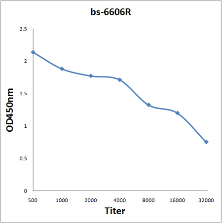 Antigen: bs-6606P, 0.2ug/100ul \nPrimary: Antiserum, 1:500, 1:1000, 1:2000, 1:4000, 1:8000, 1:16000, 1:32000; \nSecondary: HRP conjugated Goat-Anti-Rabbit IgG(bs-0295G-HRP) at 1: 5000;\nTMB staining;\nRead the data in MicroplateReader by 450