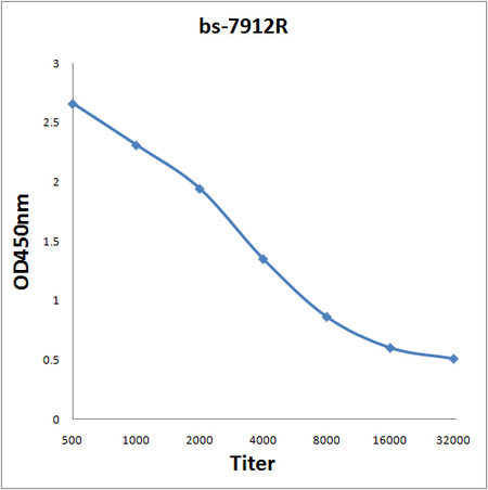 Antigen: bs-7912P, 0.2ug/100ul \nPrimary: Antiserum, 1:500, 1:1000, 1:2000, 1:4000, 1:8000, 1:16000, 1:32000; \nSecondary: HRP conjugated Goat-Anti-Rabbit IgG(bs-0295G-HRP) at 1: 5000;\nTMB staining;\nRead the data in MicroplateReader by 450