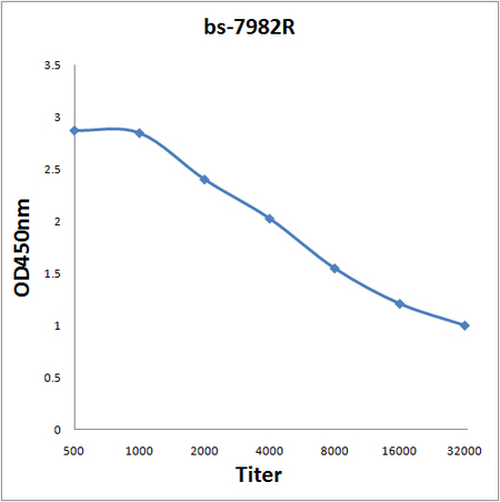 Antigen: bs-7982P, 0.2ug/100ul \nPrimary: Antiserum, 1:500, 1:1000, 1:2000, 1:4000, 1:8000, 1:16000, 1:32000; \nSecondary: HRP conjugated Goat-Anti-Rabbit IgG(bs-0295G-HRP) at 1: 5000;\nTMB staining;\nRead the data in MicroplateReader by 450