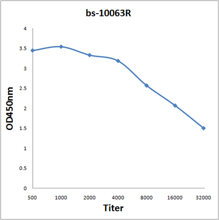 Antigen: bs-10063P, 0.2ug/100ul \nPrimary: Antiserum, 1:500, 1:1000, 1:2000, 1:4000, 1:8000, 1:16000, 1:32000; \nSecondary: HRP conjugated Goat-Anti-Rabbit IgG(bs-0295G-HRP) at 1: 5000;\nTMB staining;\nRead the data in MicroplateReader by 450