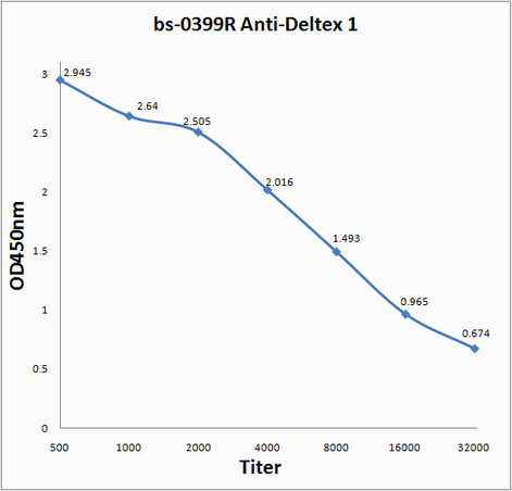 Antigen: bs-0399P, 0.2ug\/100ul \\nPrimary: Antiserum, 1:500, 1:1000, 1:2000, 1:4000, 1:8000, 1:16000, 1:32000; \\nSecondary: HRP conjugated Goat-Anti-Rabbit IgG(bs-0295G-HRP) at 1: 5000;\\nTMB staining;\\nRead the data in MicroplateReader by 450