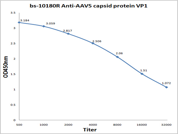 Antigen: bs-10180P, 0.2ug/100ul \nPrimary: Antiserum, 1:500, 1:1000, 1:2000, 1:4000, 1:8000, 1:16000, 1:32000; \nSecondary: HRP conjugated Goat Anti-Rabbit IgG (bs-0295G-HRP) at 1: 5000; \nTMB staining; Read the data in MicroplateReader by 450nm.