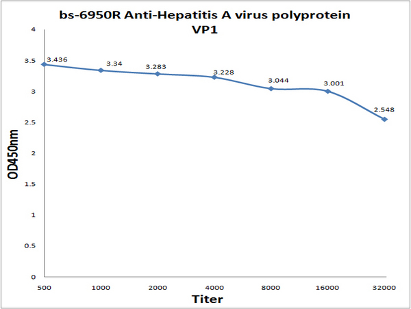Antigen: bs-6950P, 0.2ug/100ul \nPrimary: Antiserum, 1:500, 1:1000, 1:2000, 1:4000, 1:8000, 1:16000, 1:32000; \nSecondary: HRP conjugated Goat Anti-Rabbit IgG (bs-0295G-HRP) at 1: 5000; \nTMB staining; Read the data in MicroplateReader by 450nm.